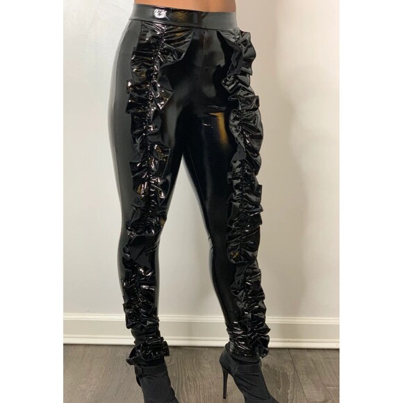 Black Patent Ruffle PVC Pants Sexy Bondage Goth Punk Shiny Jogger Club Party Hot - Picture 2 of 6